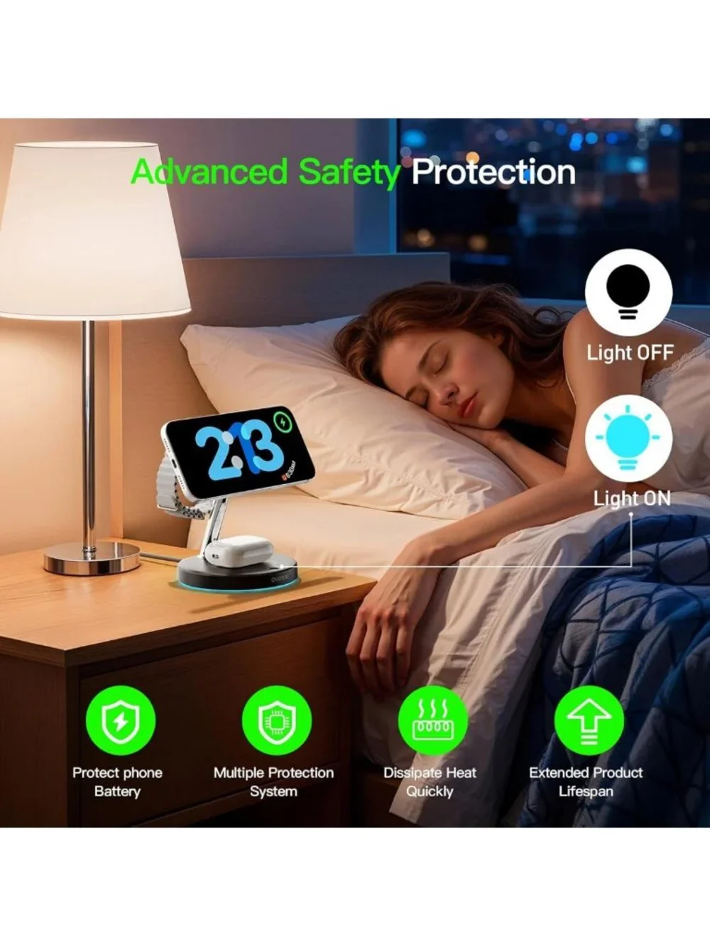 3-in-1 Wireless Charger Station with Adjustable Blue Ambient Light, Fast